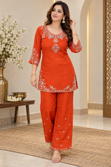 Beautiful Orange Chinon Embroidered Kurta Palazzo Set with Dupatta