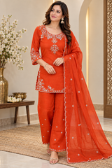 Beautiful Orange Chinon Embroidered Kurta Palazzo Set with Dupatta