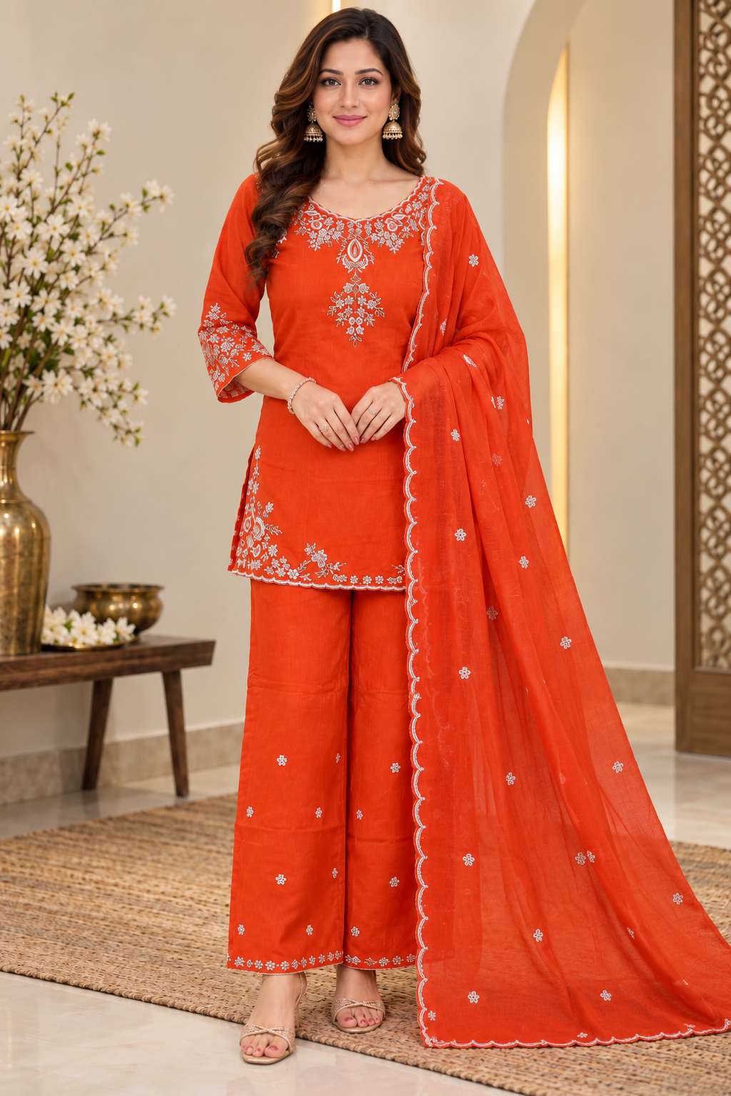 Beautiful Orange Chinon Embroidered Kurta Palazzo Set with Dupatta