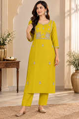 Graceful Yellow Mul Chanderi Embroidered Kurta Pant Set with Dupatta