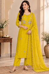 Graceful Yellow Mul Chanderi Embroidered Kurta Pant Set with Dupatta