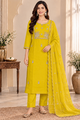 Graceful Yellow Mul Chanderi Embroidered Kurta Pant Set with Dupatta