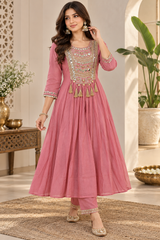 Elegant Rose Pink Mul Chanderi Anarkali Suit Set with Embroidered Dupatta