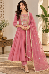 Elegant Rose Pink Mul Chanderi Anarkali Suit Set with Embroidered Dupatta