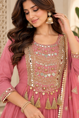 Elegant Rose Pink Mul Chanderi Anarkali Suit Set with Embroidered Dupatta