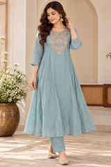 Graceful Powder Blue Mul Chanderi Embroidered Anarkali Suit Set with Dupatta