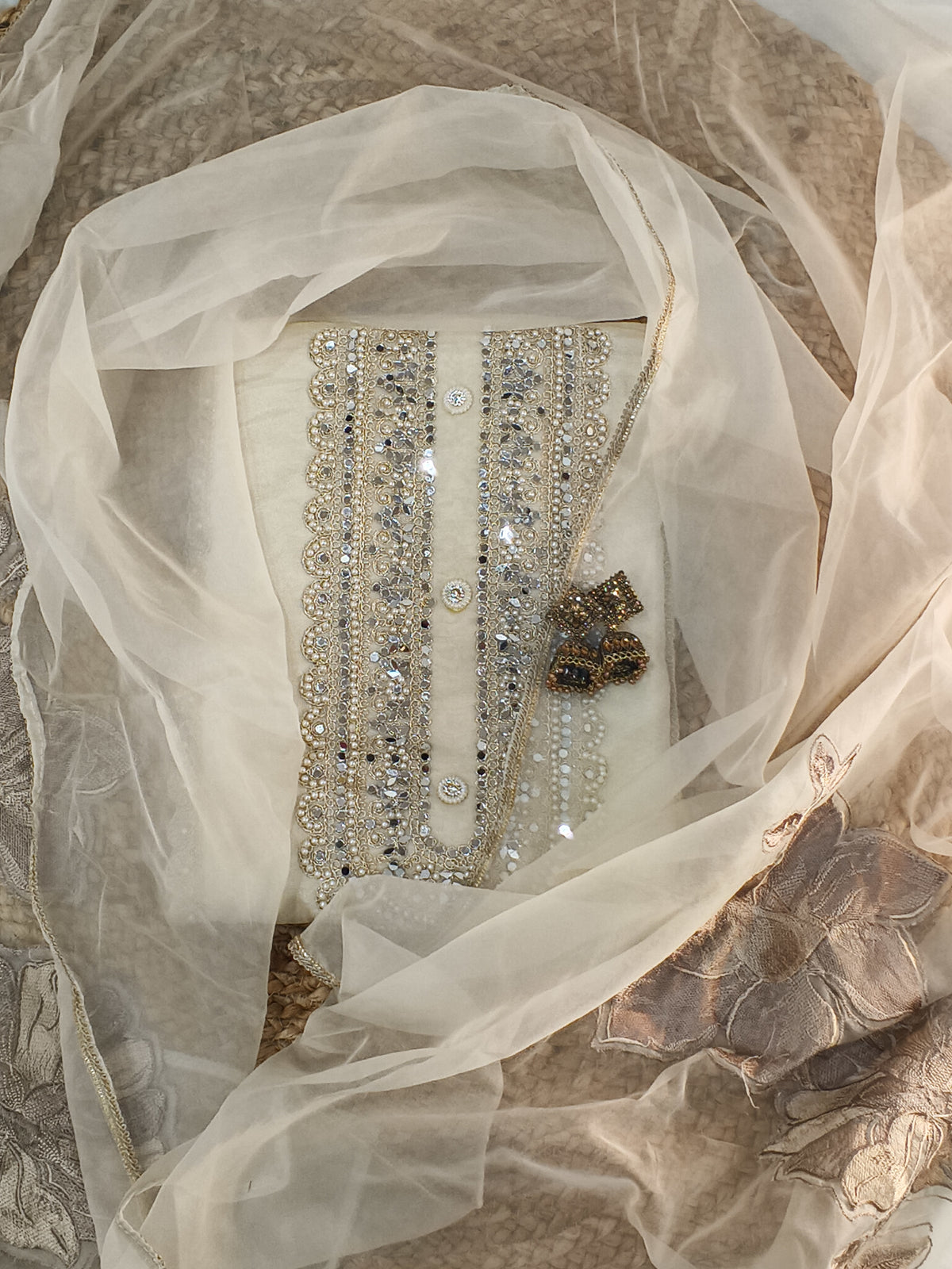 Elegant Shimer Silk Unstitched Suit with Heavy Mirror and Sequin
