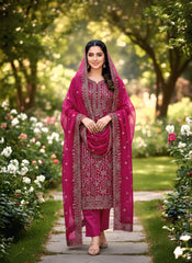 Premium Kota Silk Embroidered Unstitched Suit-Majenta