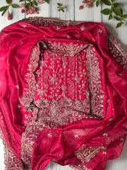Premium Kota Silk Embroidered Unstitched Suit-Majenta
