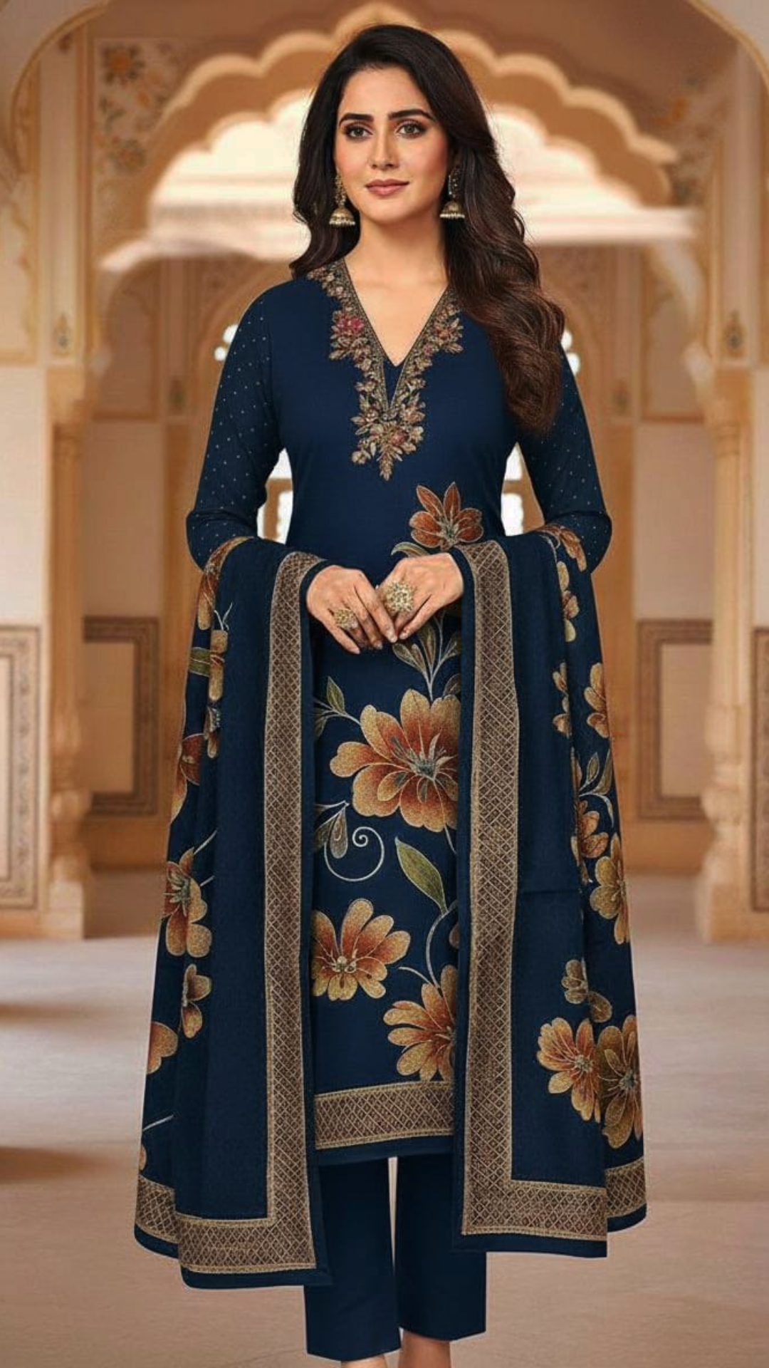 Navy Blue Pashmina Unstitched Suit for Winter – Embroidered Neckline & Printed Dupatta