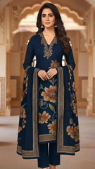 Navy Blue Pashmina Unstitched Suit for Winter – Embroidered Neckline & Printed Dupatta
