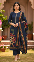 Elegant Navy Blue Pashmina Unstitched Winter Suit – Embroidered Neckline & Printed Dupatta