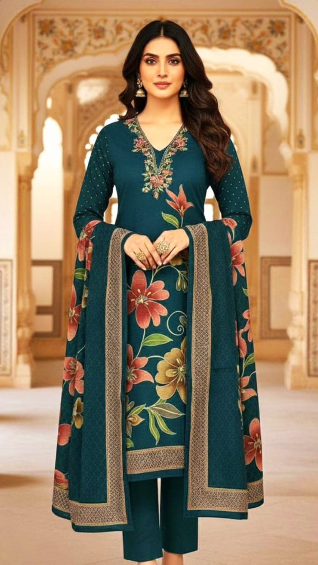 Teal Green Pashmina Unstitched Suit