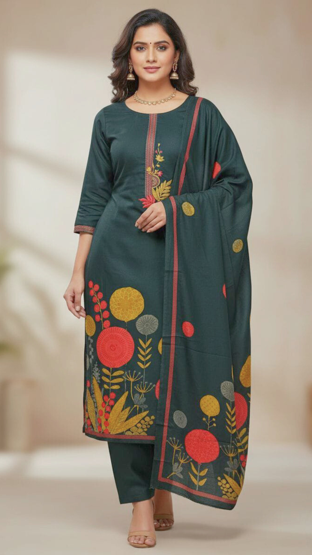Elegant Bottle Green Pashmina Winter Suit – Embroidered Neckline & Printed Dupatta