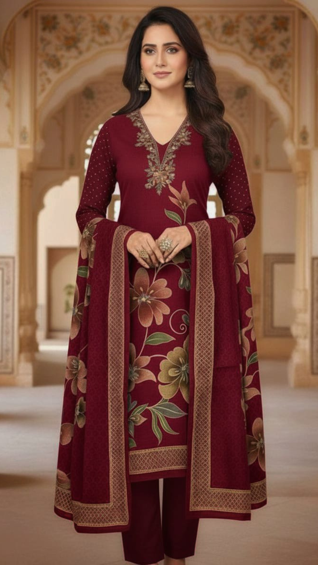 Maroon Pashmina Winter Unstitched Suit