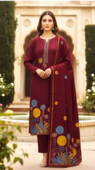 Maroon Pashmina Winter Unstitched Suit– Heavy Embroidered Neckline & Printed Dupatta