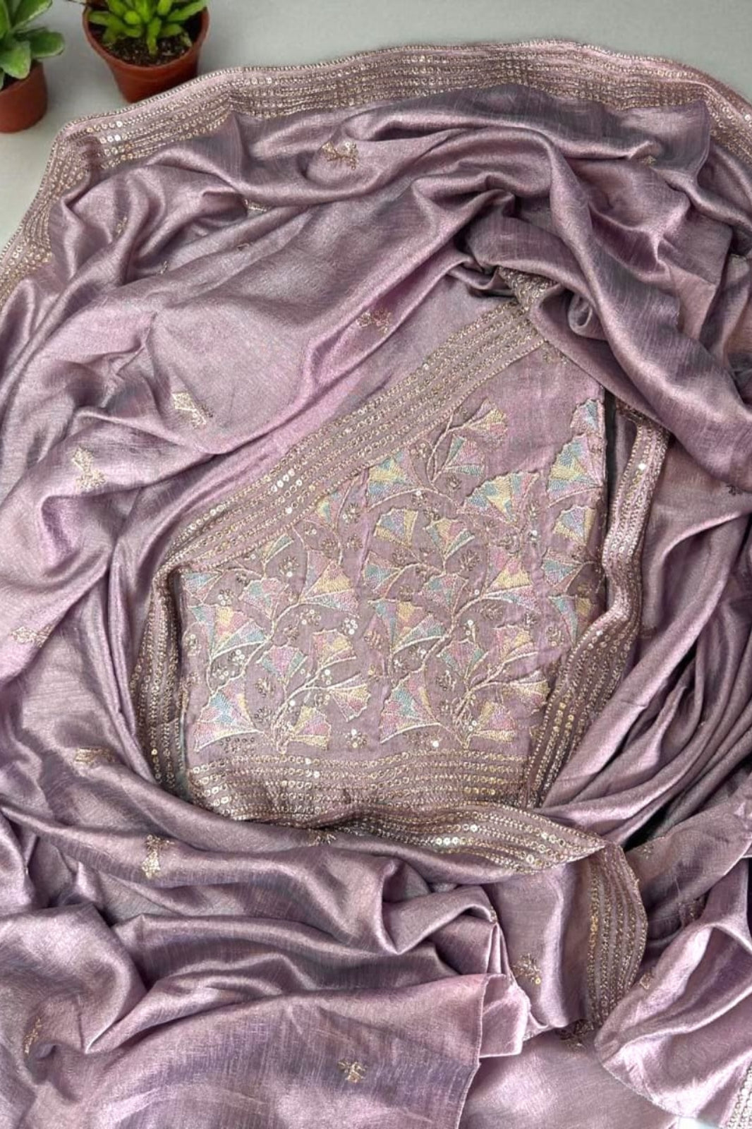 Vichitra Silk Embroidered Unstitched Suit Set with Dupatta-Purple