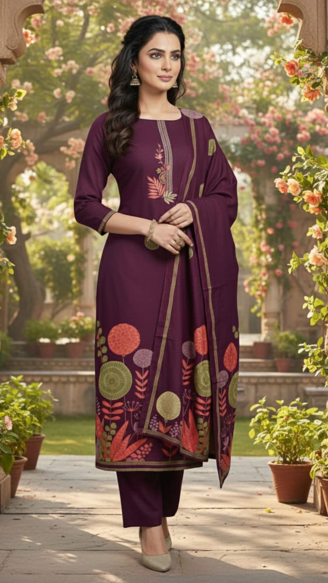 Wine Colour Pashmina Suit – Embroidered Neckline with Printed Dupatta