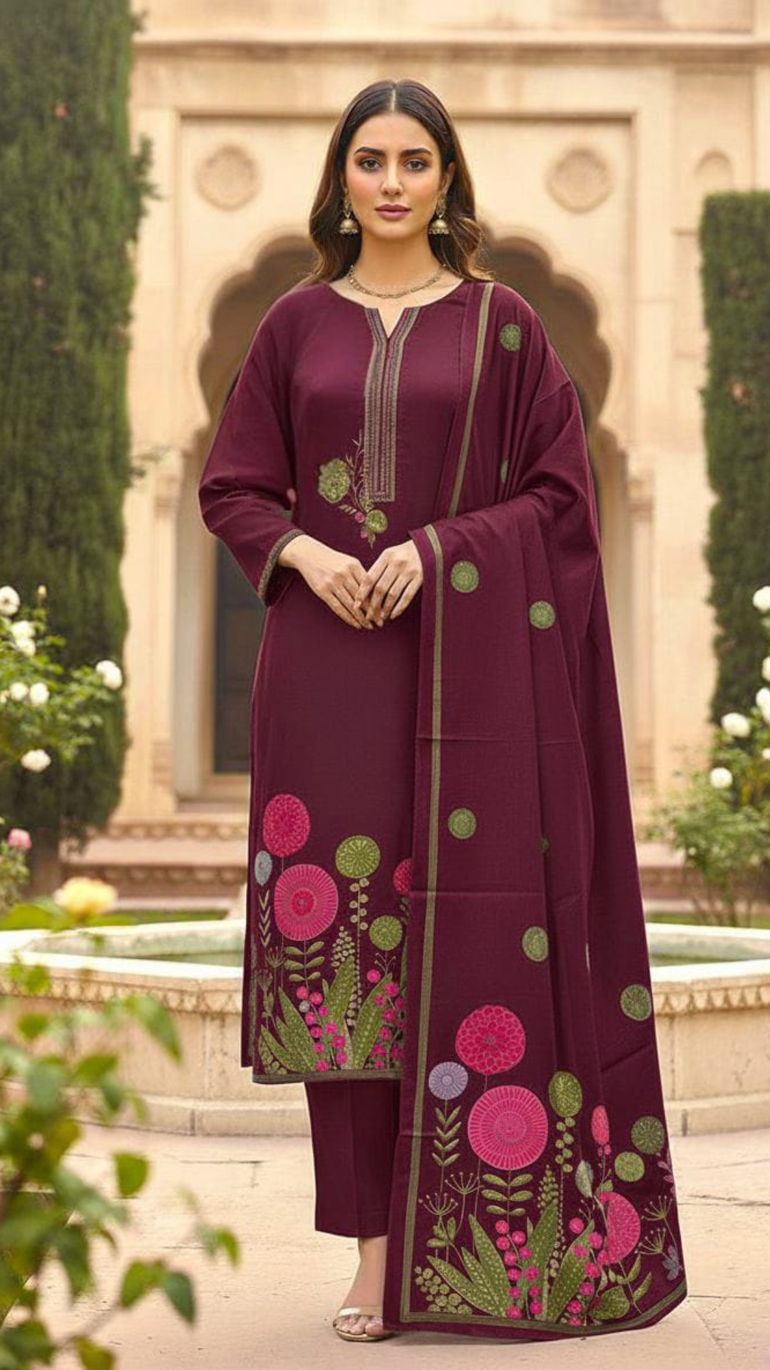 Wine Pashmina Unstitched Suit for Winter – Heavy Embroidered Neckline & Printed Dupatta