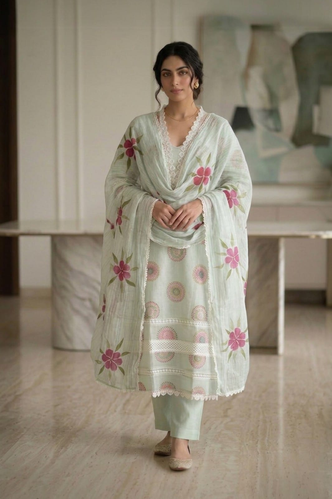Elegant Mint Green Cotton Kurta Set with Floral Dupatta