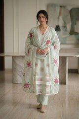 Elegant Mint Green Cotton Kurta Set with Floral Dupatta