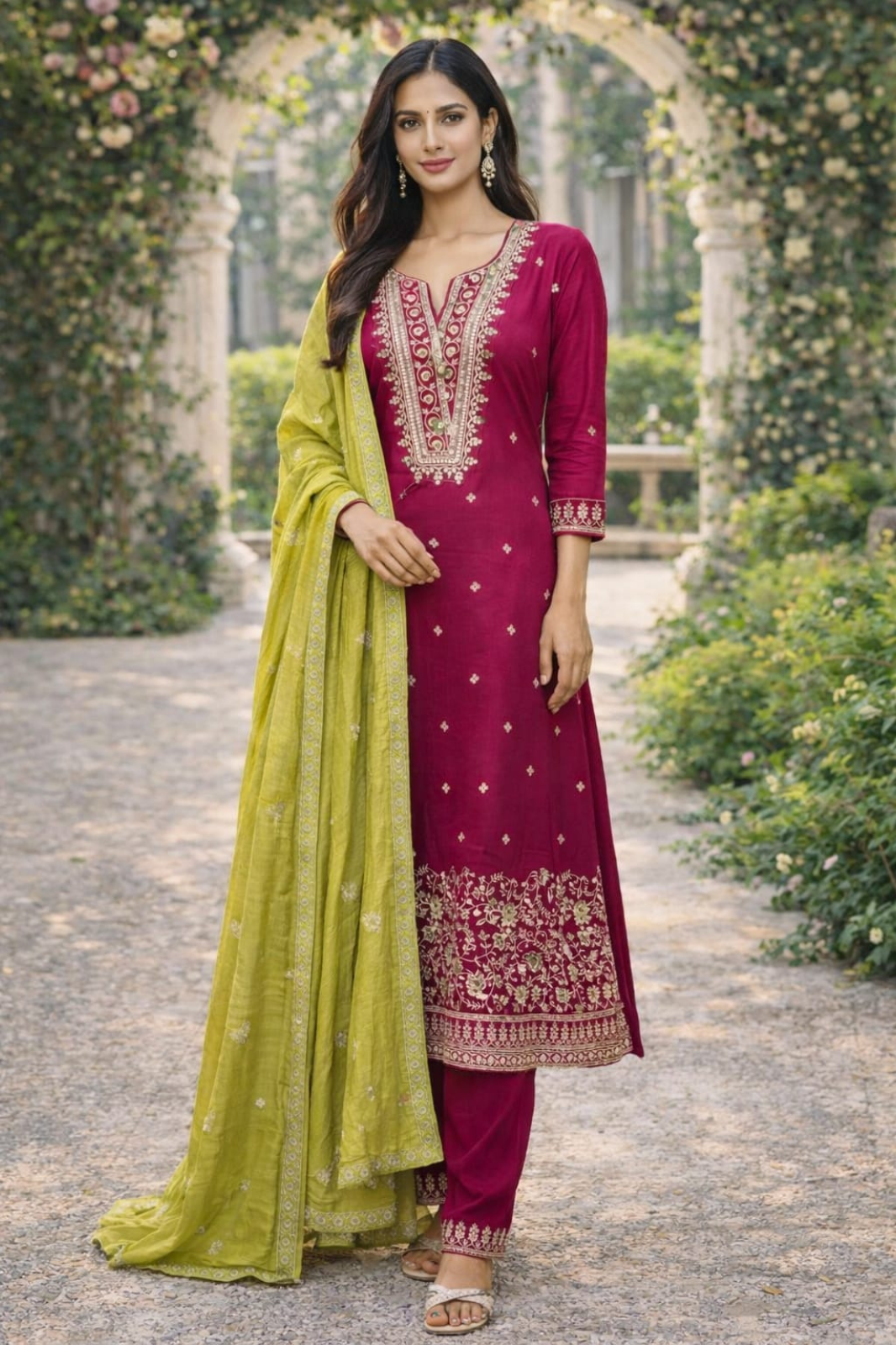 Pink Embroidered Kurta Set with Contrast Green Dupatta