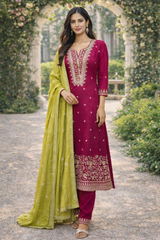 Pink Embroidered Kurta Set with Contrast Green Dupatta