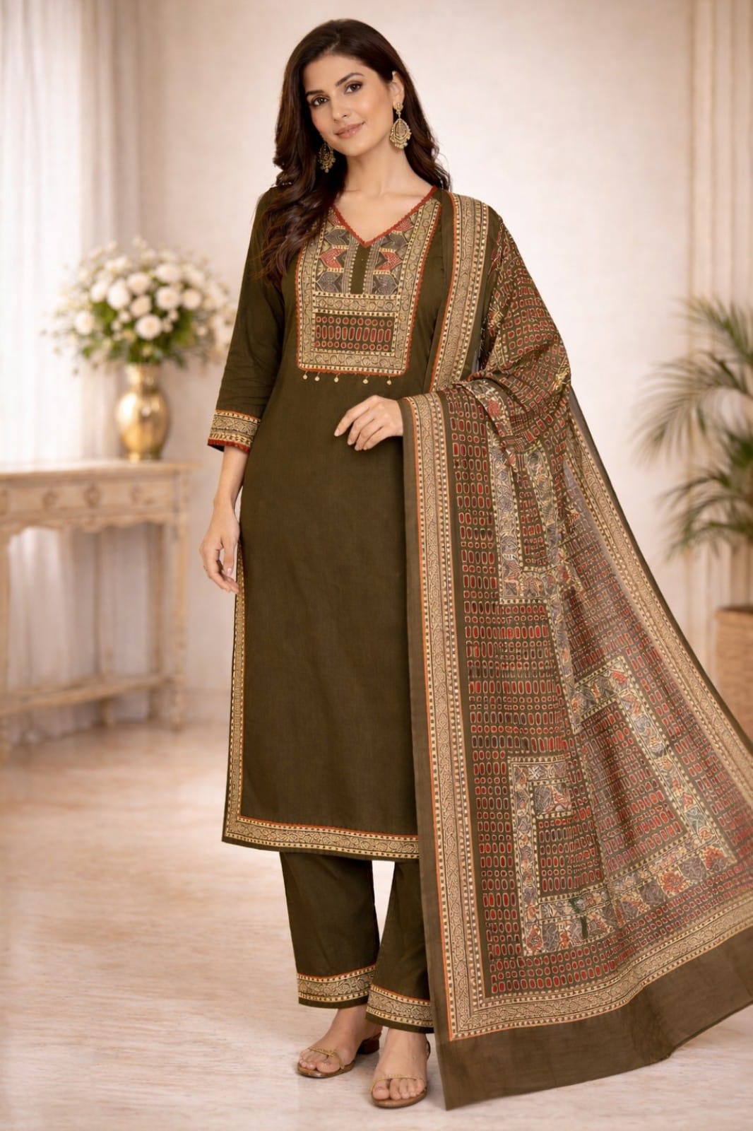 Elegant Green Cotton Kurta Set with Printed Dupatta