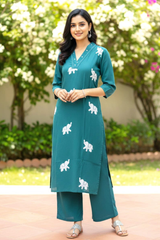 Teal Green Elephant embroidery Kurta Palazzo Set
