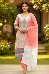 Peach & Ivory Chikankari Kurta Set with Ombre Dupatta