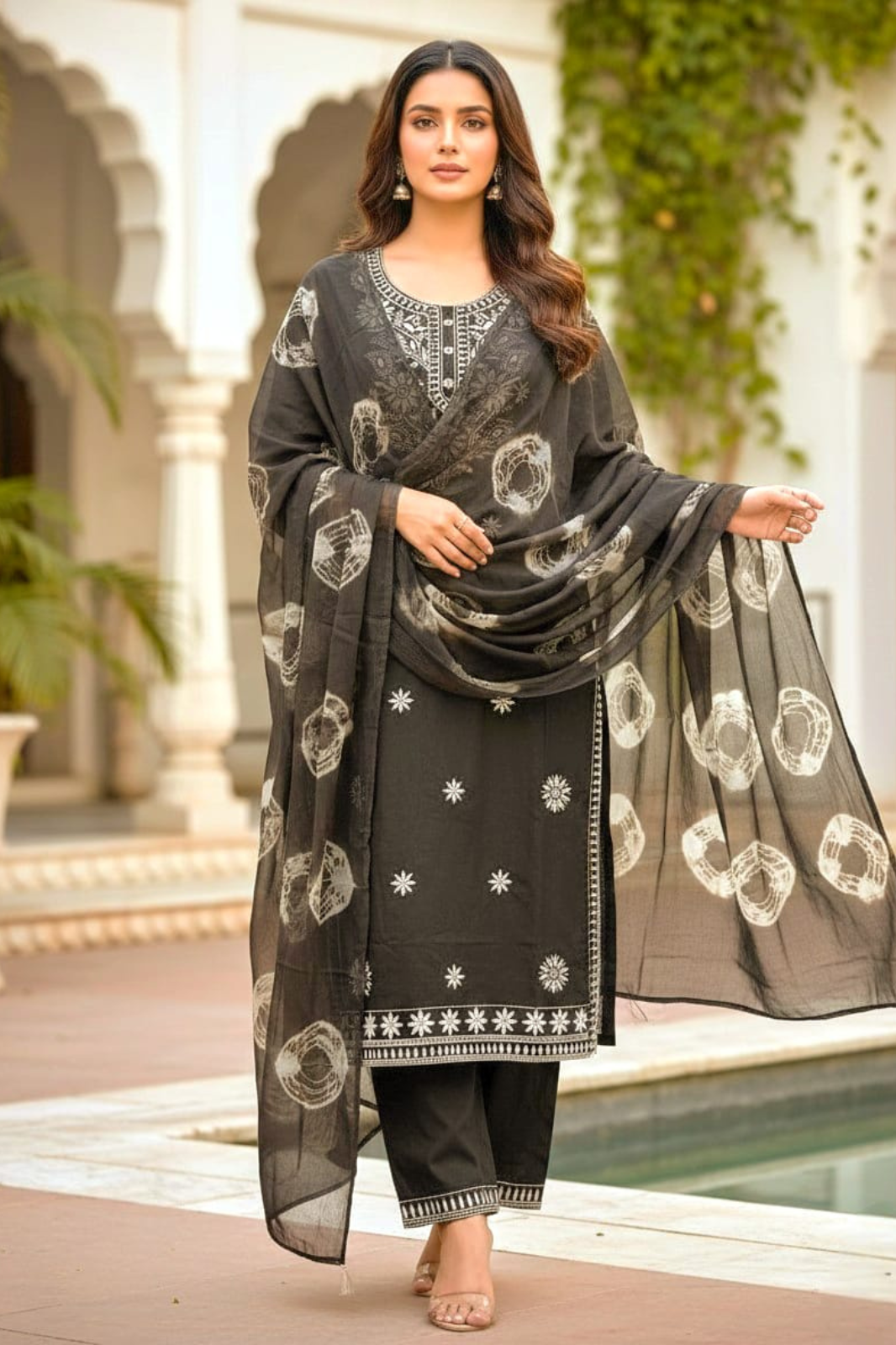 Classic Grey Embroidered Rayon Kurta Set with Dupatta