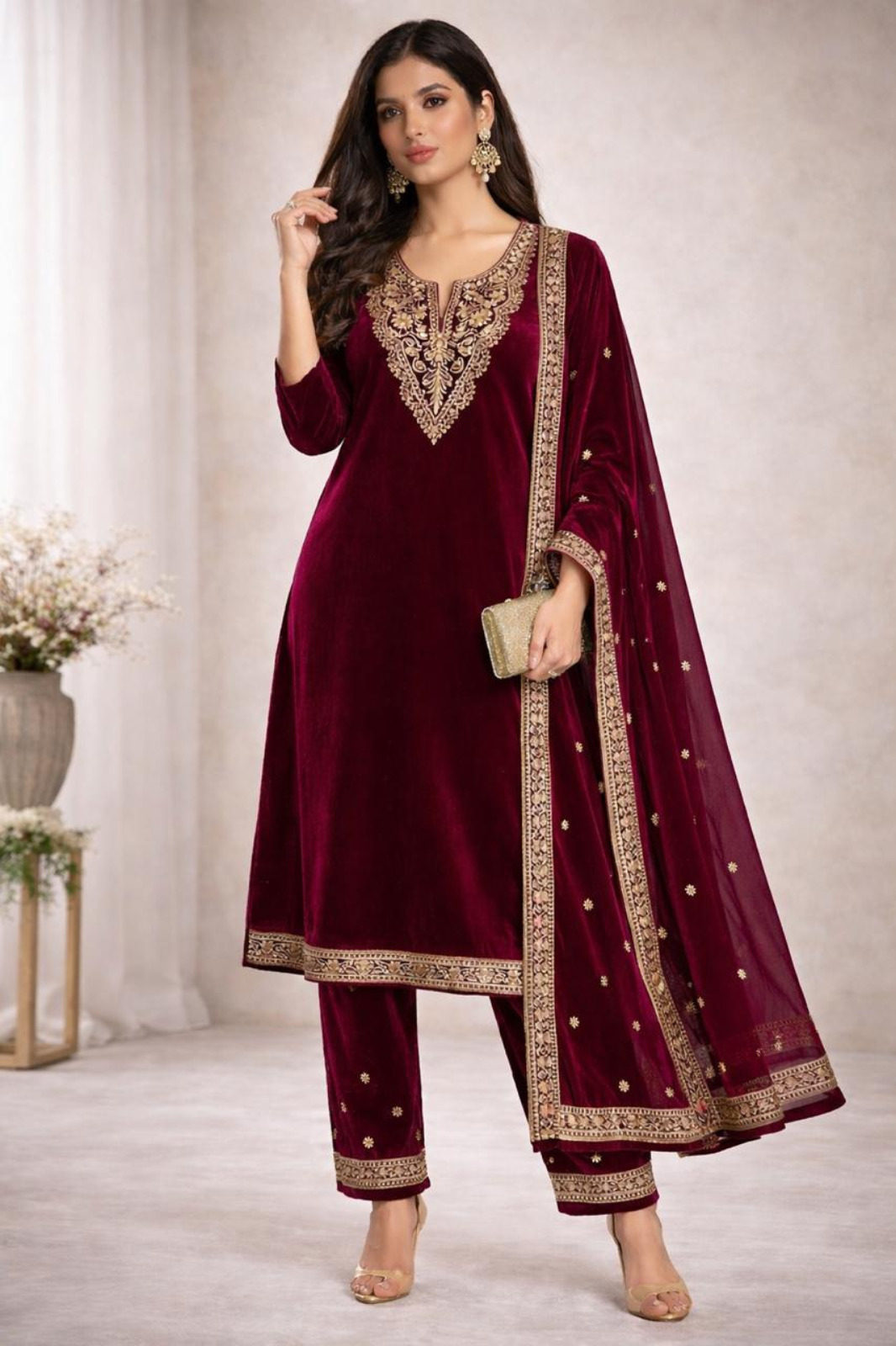 Unstitched Maroon Embroidered Velvet Suit Set