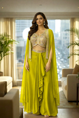 Green Embroidered Crop Top with Draped Skirt & Net Jacket