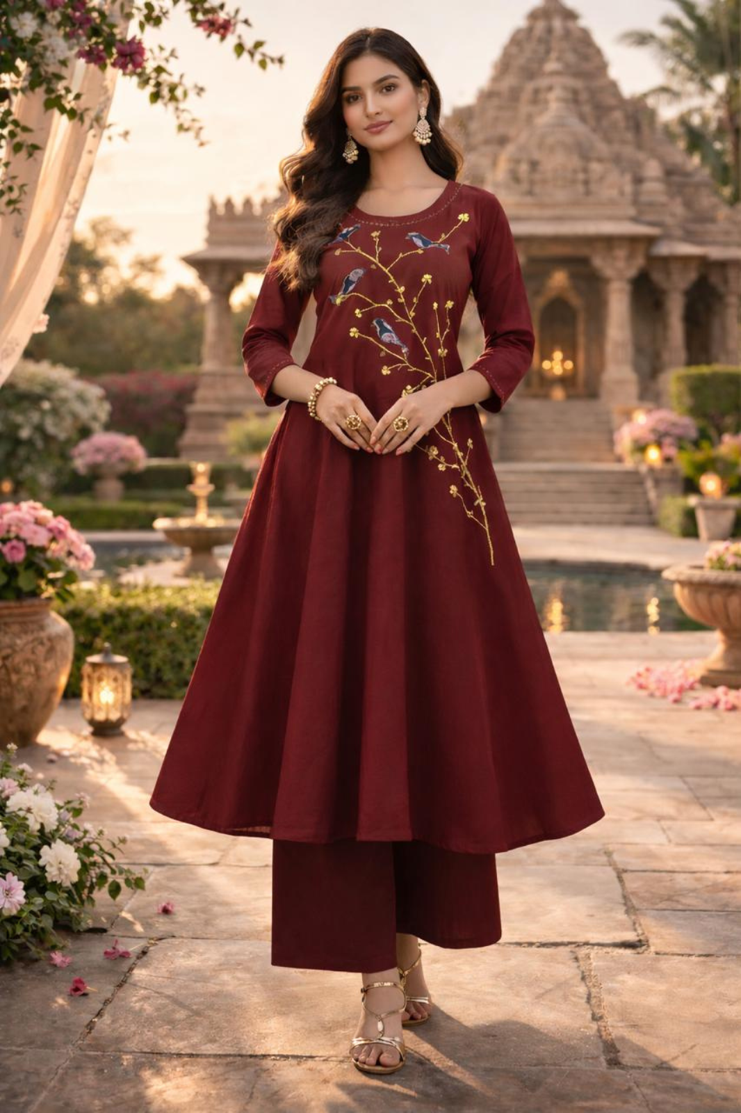 Maroon Cotton A-Line Kurta Set with Ajrakh Applique & Handwork Detailing
