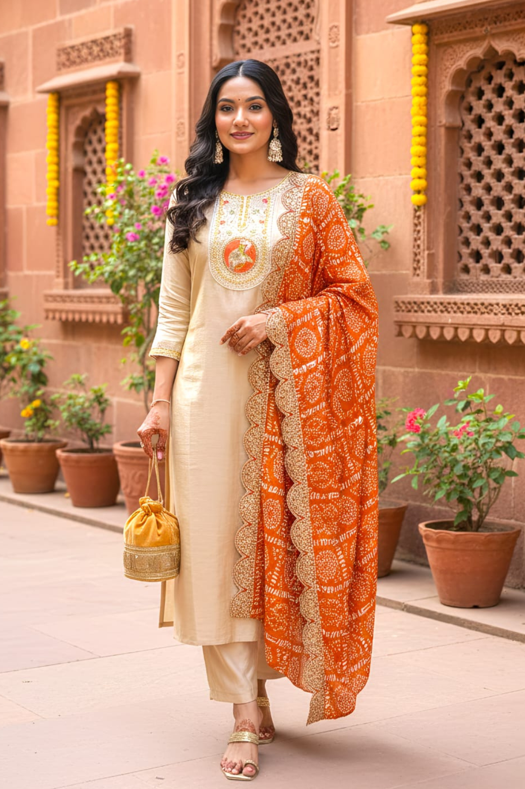Gorgeous Kurta Set with Embroidered Yoke & Bandhani Print Dupatta
