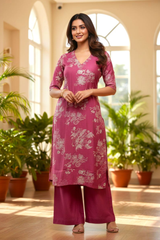 Rose Pink Printed Cotton Silk Kurta Palazzo Set