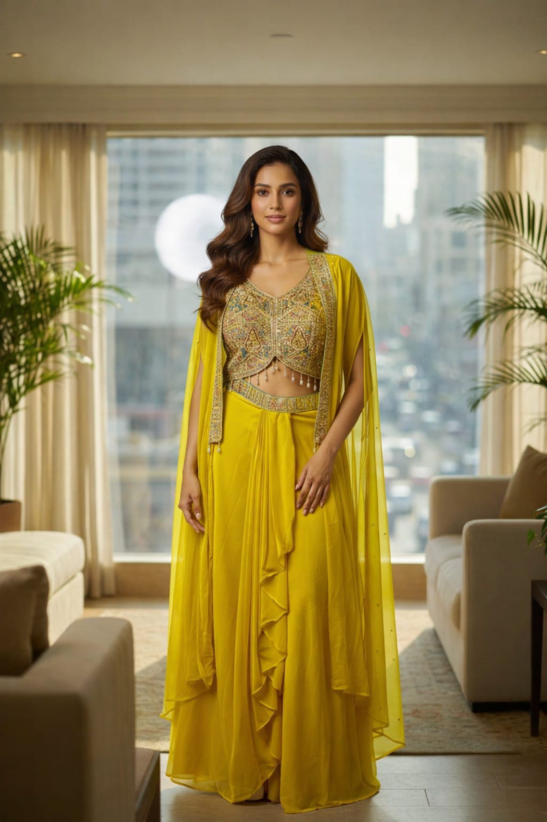 Sunshine Yellow Silk Designer Crop Top with Draped Skirt & Net Jacket