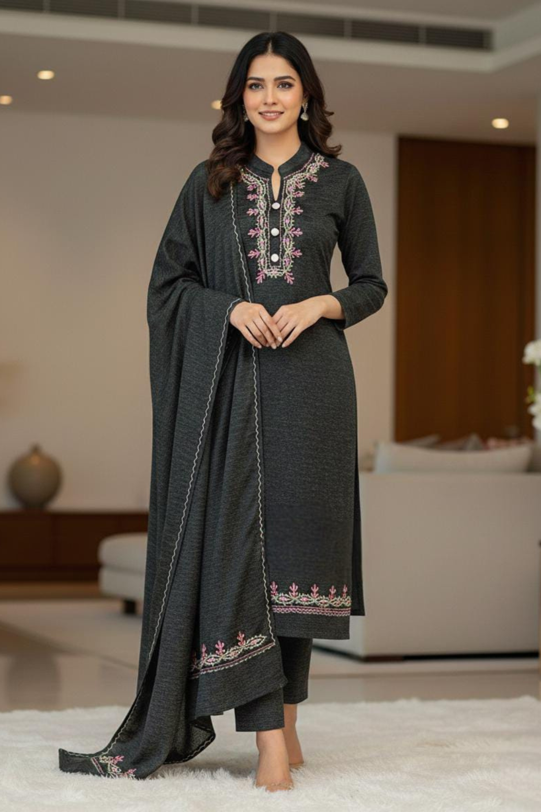 Elegant Readymade Winter Wear Stretchable Kurta Set with Embroidered Dupatta