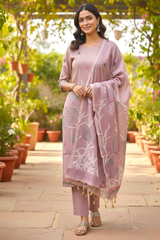 Dusty Rose Linen Cotton Printed Kurta Set with Artistic Dupatta
