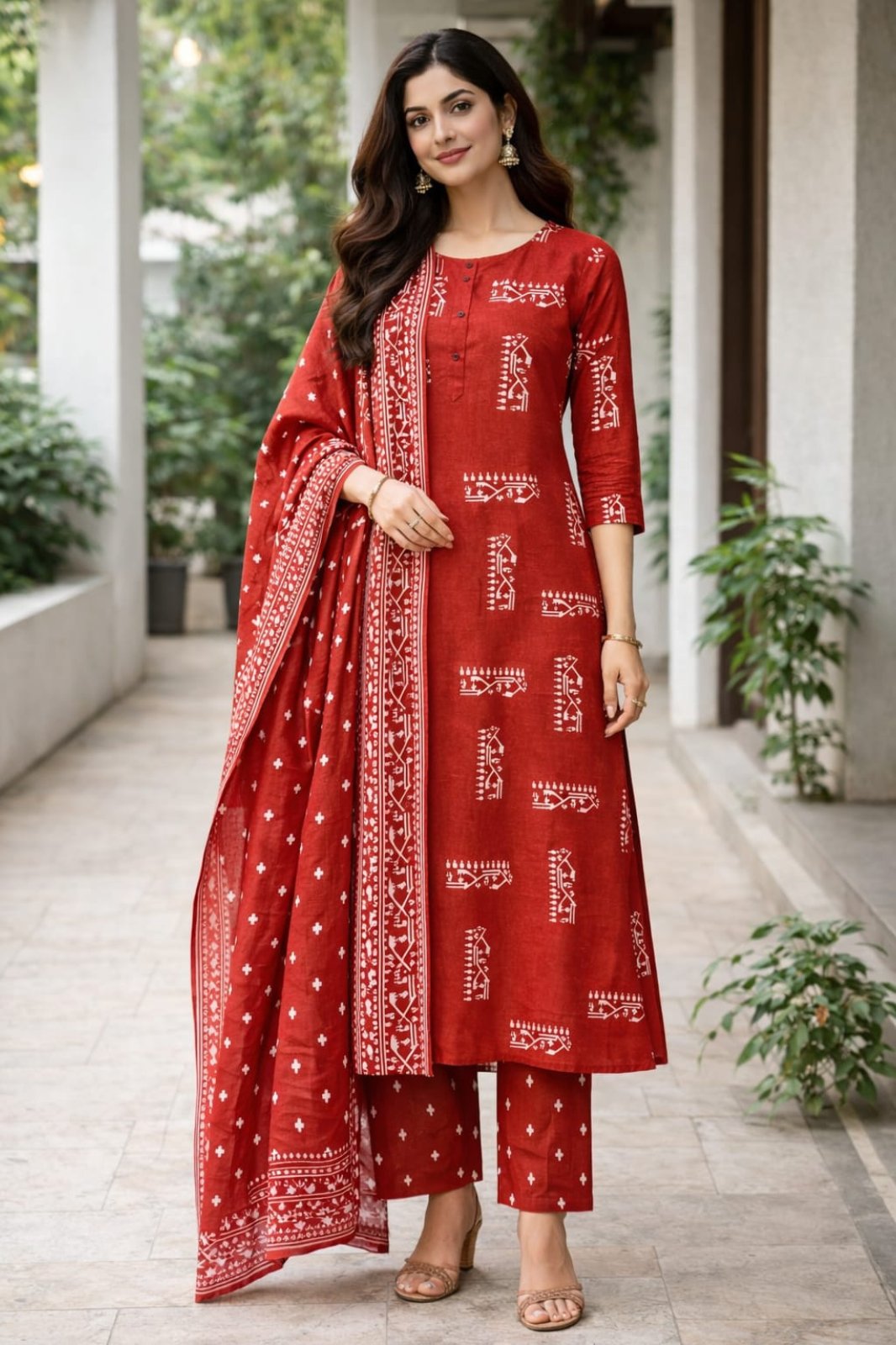 Rust Red Cotton Printed Daily Wear Kurta Set with Dupatta