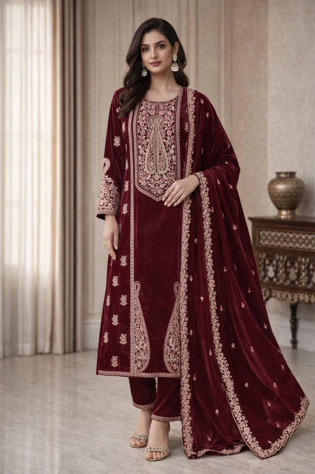 Fully Stitched Velvet Embroidered Kurta Set with Velvet Dupatta