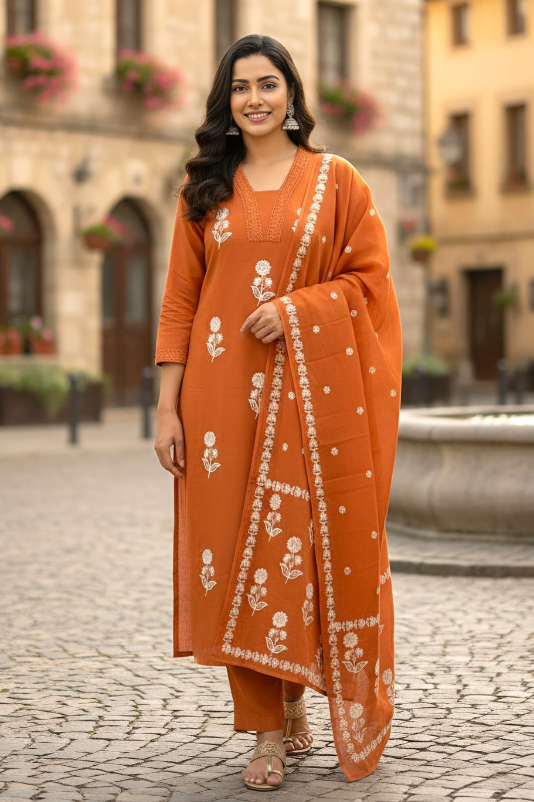 Cotton Kurta Set with Floral Embroidery