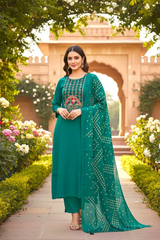 Designer Emerald Green Silk Embroidered Suit Set with Printed Silk Dupatta