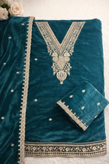 Unstitched Peacock Green Embroidered Velvet Suit Set