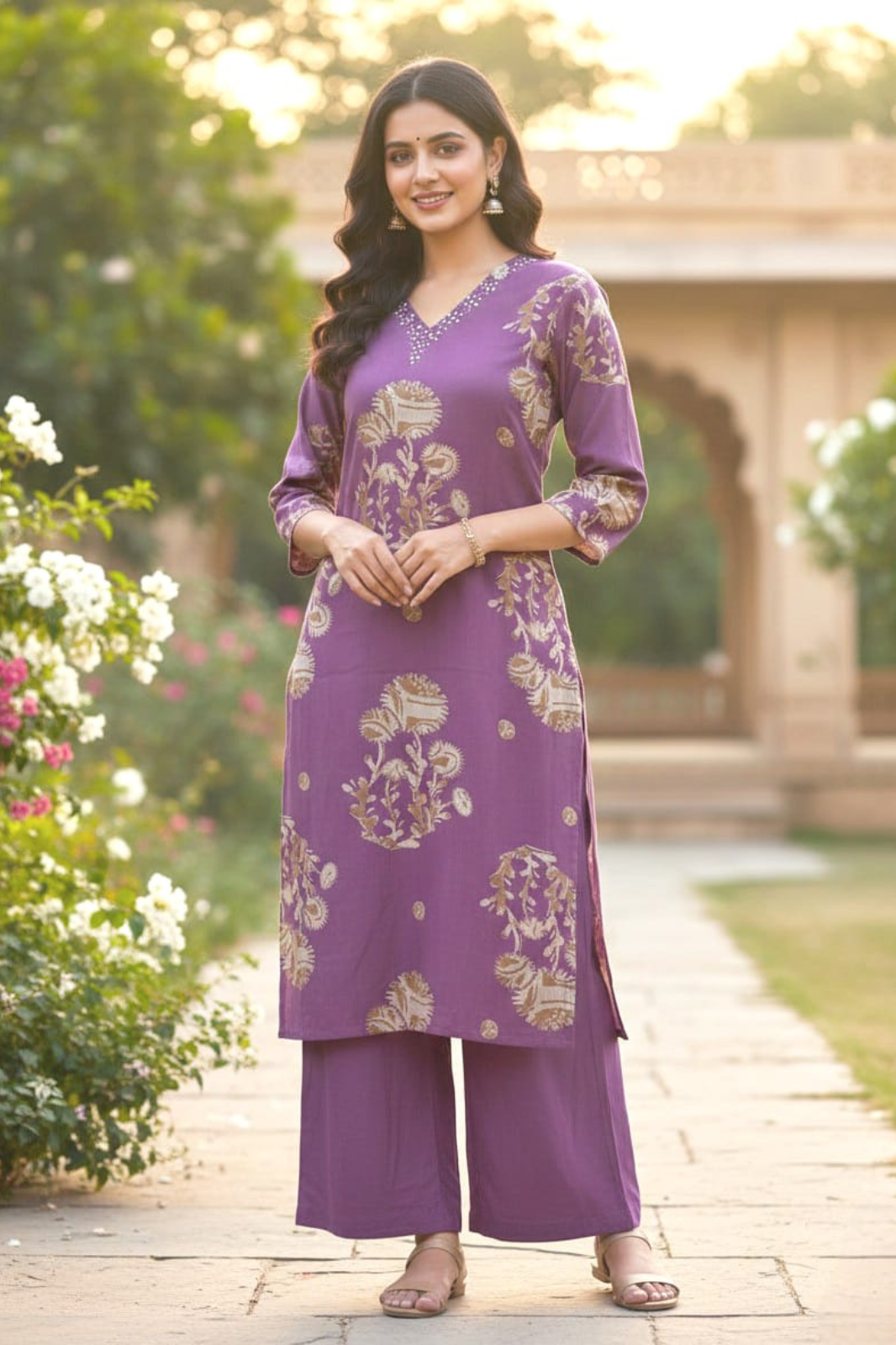 Purple Floral Printed Cotton Silk Kurta Palazzo Set