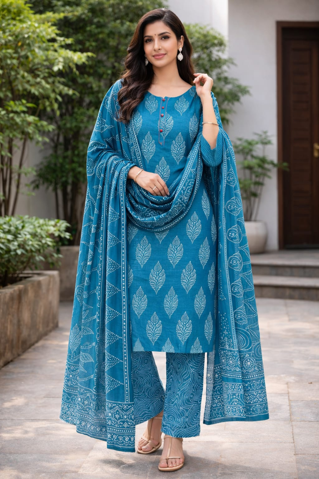 Blue Cotton Printed Daily Wear Kurta Set with Dupatta