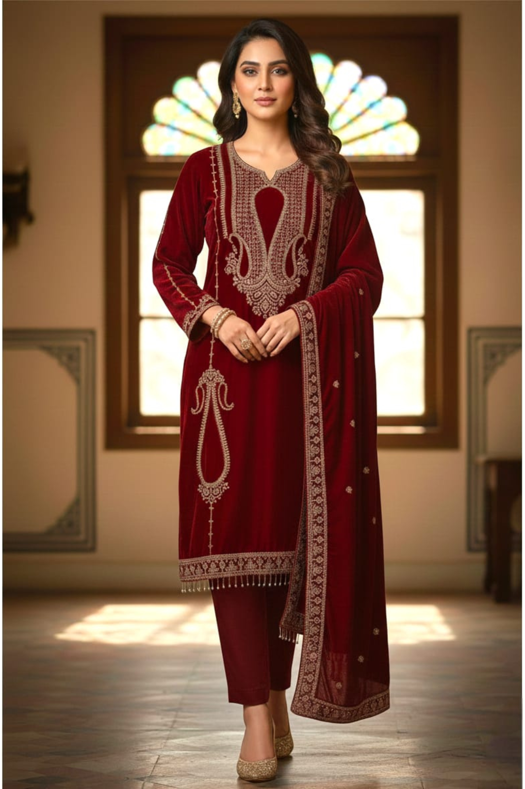 Unstitched Classic Maroon Embroidered Velvet Suit Set