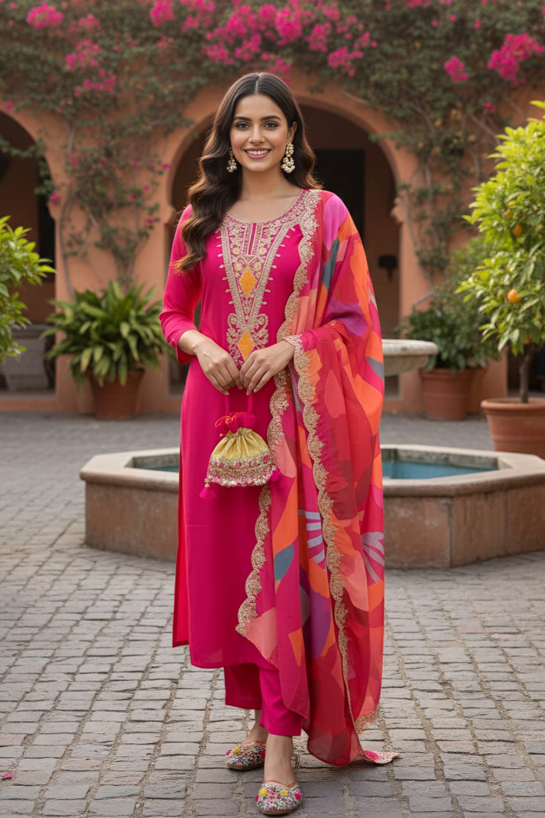 Beautiful Pink Kurta Set with Embroidered Neckline & Designer Printed Dupatta