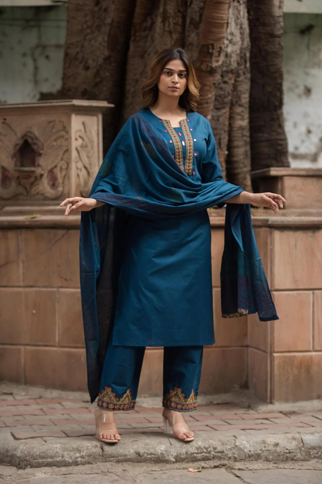 Premium Dabu Cotton Kurta Set with Embroidered Bottom