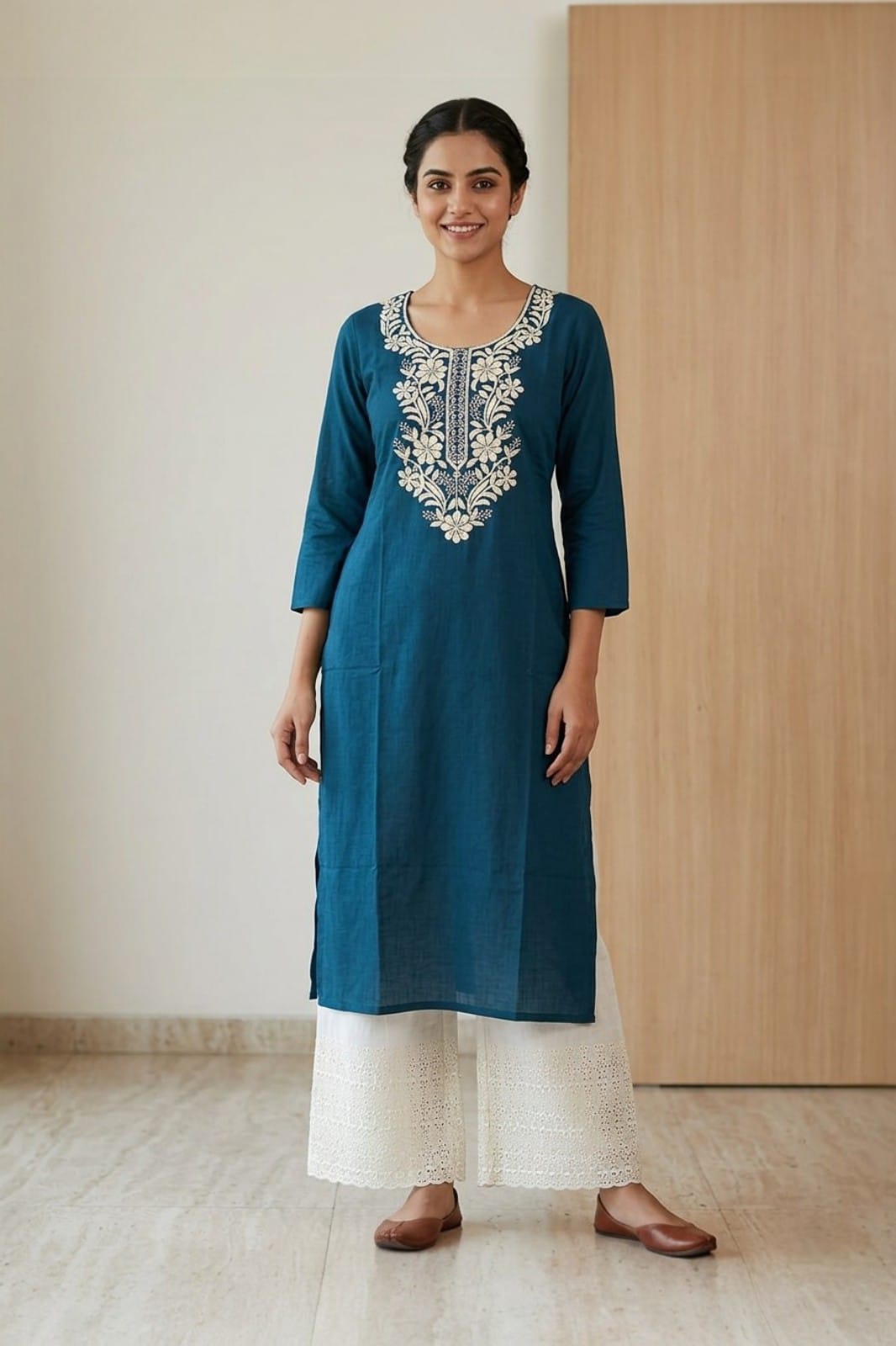 Elegant Navy Blue Cotton Kurta with Embroidered Yoke & White Chikankari Palazzo